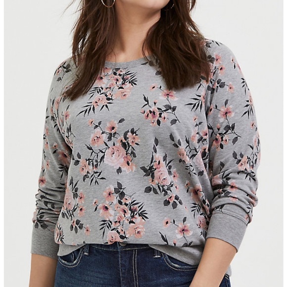 torrid Tops - Torrid HeatherGrey Floral Fleece Raglan Sweatshirt